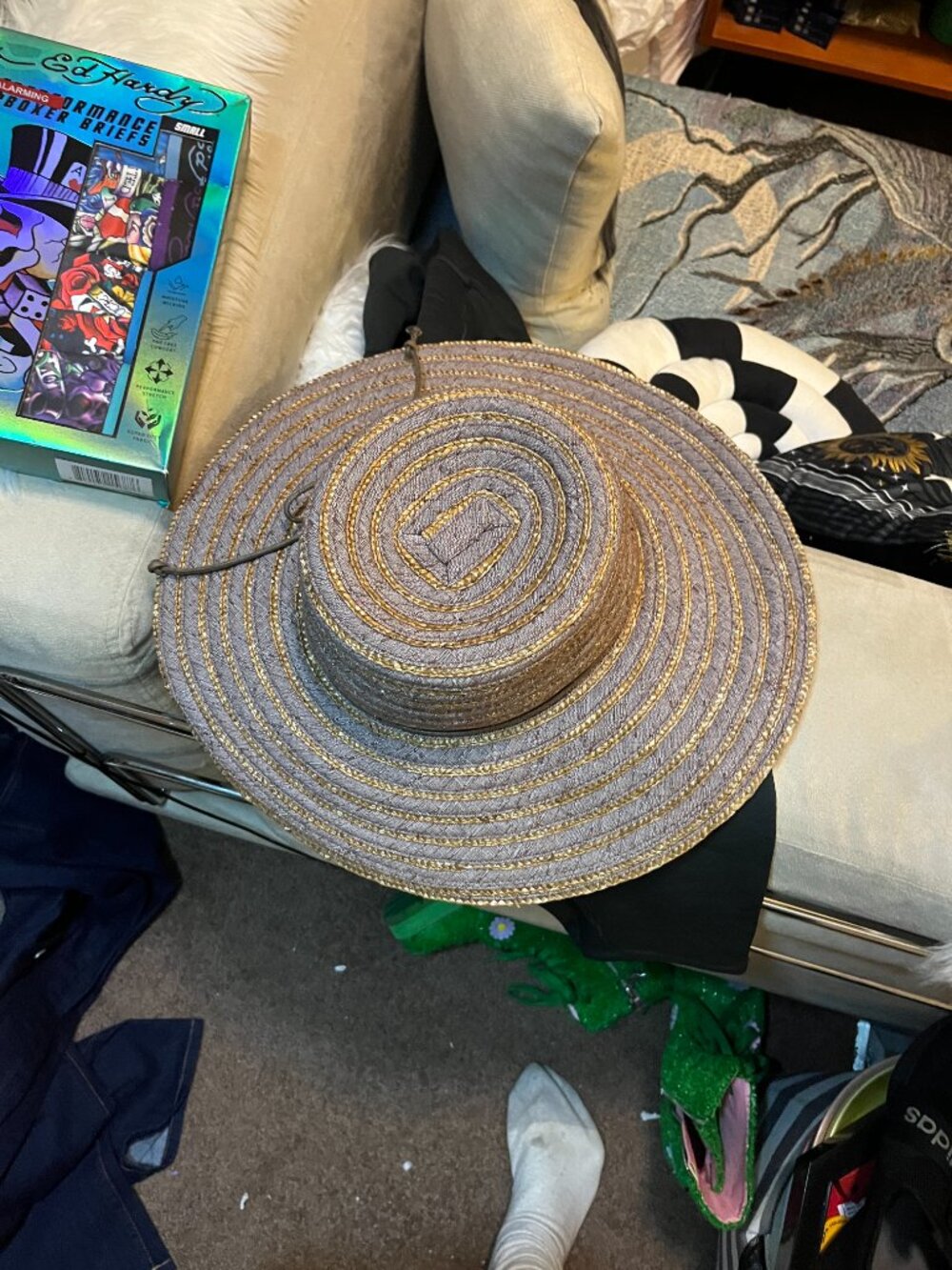 Pins and Needles Wide Brim Straw Sun Hat Brown & Natural Adjustable Chin Cord